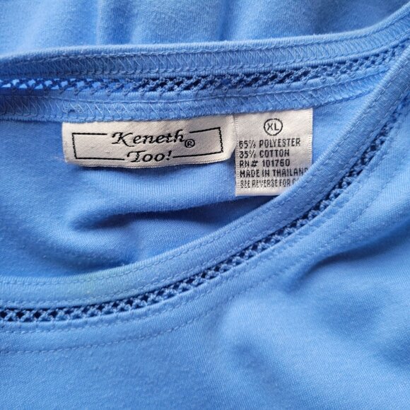 Keneth Too Womens Top Extra Large Tee XL Short Sleeve Blue Crochet BLU102E - Picture 7 of 7
